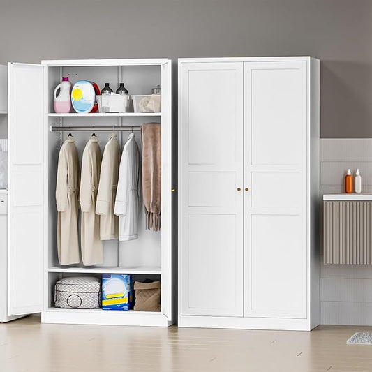 MIIIKO Wardrobe Closet with 2 Doors, 72" Metal Clothing Storage Cabinets with Hanging Rod, Bedroom Armoires Laundry Room and Office Clothes Storage Organizer Cabinets