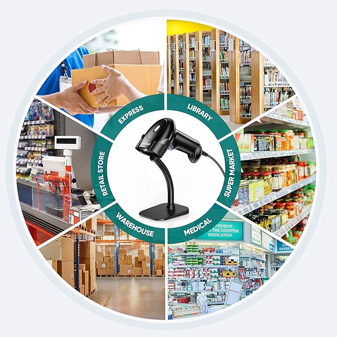 Barcode Scanner with Stand, USB Wired Inventory 2D 1D QR Code Scanner for Computer POS MAC with Automatic Screen Scanning, Handheld CMOS Image Bar Code Reader for Warehouse Library Supermarket