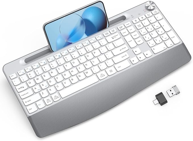 Ergonomic Wireless Keyboard with Wrist Rest-Low-Profile,Phone/Tablet Holder,Quiet Design,Windows & Mac OS,Full Size Cordless USB Computer Keyboard for Desktop,Laptop, PC, Mac, Windows-White