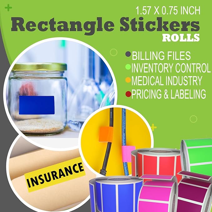 Green Sticker Label Rolls 1.57" x 0.75", 5 Rolls- 2500-Pack, Rectangular Easy Write Labels 40mmx19mm by Royal Green