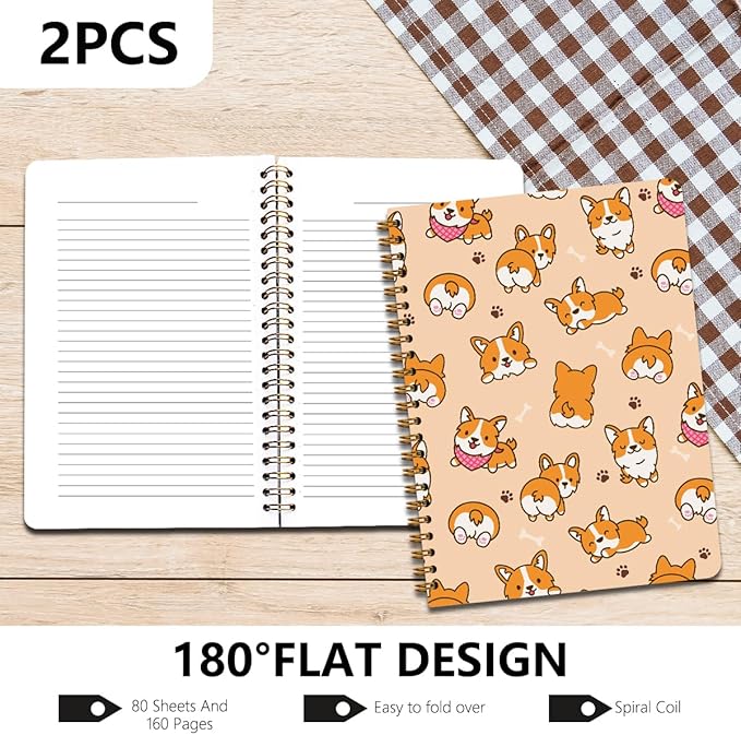 2 Pcs Dog Spiral Notebooks for Work, A5(8.3x5.8inch) Composition Notebook College Ruled Note Book, Corgi Notepads Lined Travel Journal for Writing, Cute Puppy Print Diary Gifts for Women Dog Lovers