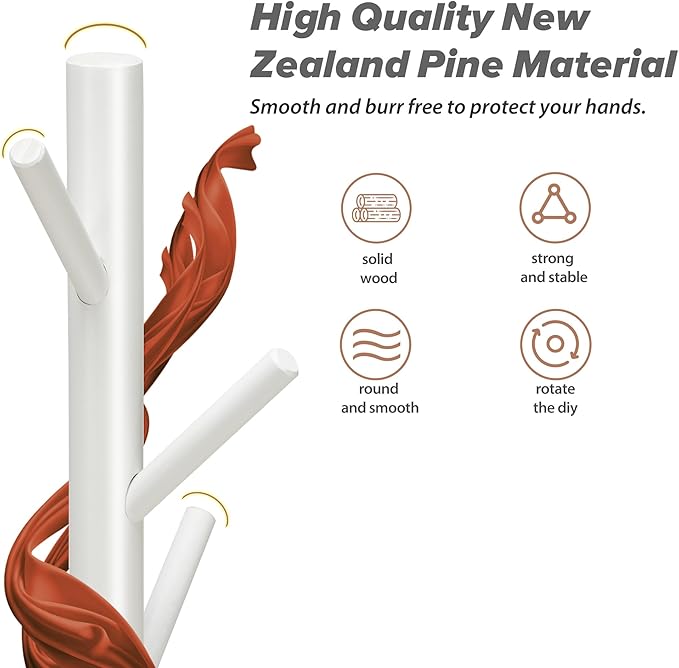 Wooden Coat Rack, Free Standing Coat Rack with 8 Hooks 3 Adjustable Heights for Clothes, Hats, Handbags, Coat Tree Easy Assembly for Entryway, Bedroom, Hallway, Office(2PCS)