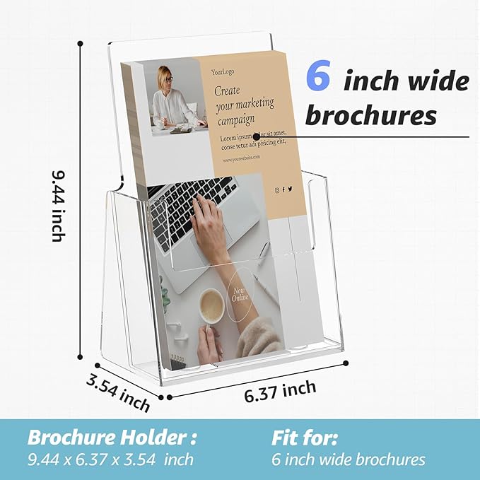 MaxGear Acrylic Brochure Holder 6 x 9 Inches, Clear Literature Holder Acrylic Countertop Organizer Plastic Flyer Display Stand Clear Bi-fold Magazine Holder for Pamphlet, Booklet, Menu, 6 Pack