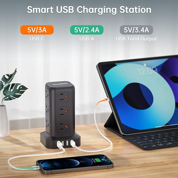Extension Cord with Multiple Outlets, Surge Protector Power Strip Tower, 12 AC 4 USB,Surge Protector Tower 6.5FT Overload Protection for Home Office