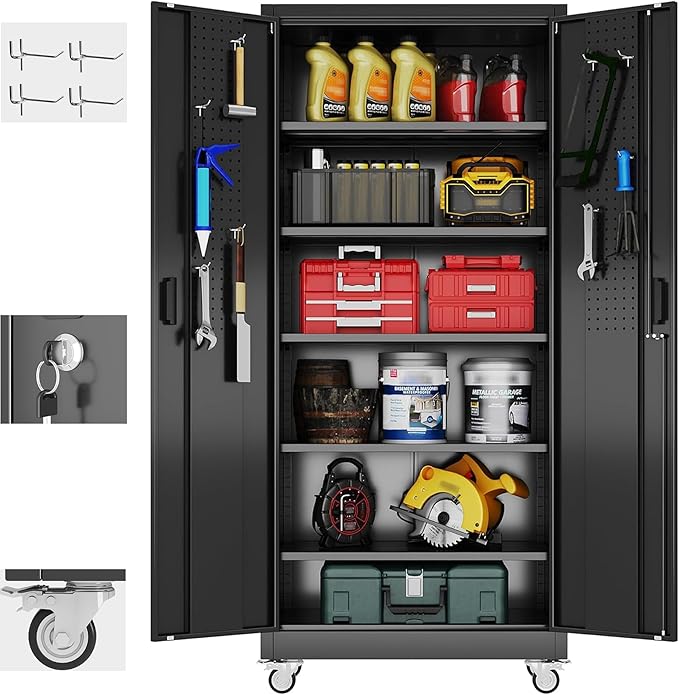 Aobabo Upgraded Garage Storage Cabinets with Wheels,Metal Storage Cabinets with 5 Adjustable Shelves for Garage Home Office Storage, Black,71''H*32''W*16''D,Assembly Required