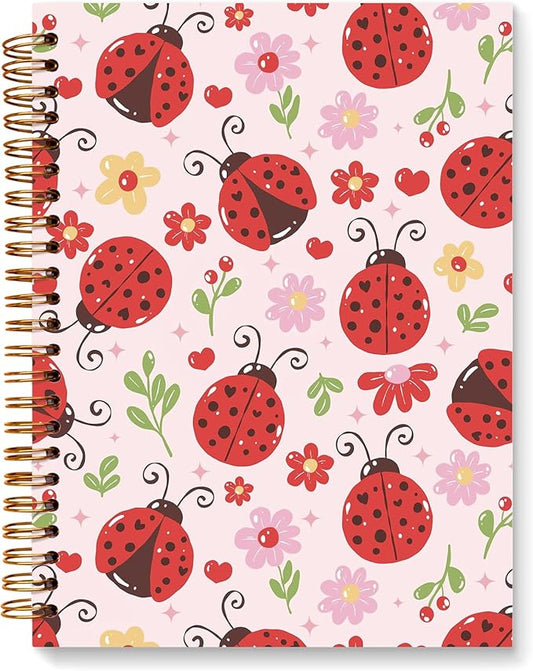 JXREQ Cute Pink Ladybug Floral Notebook Insects Journal for Women Note Taking Writing, Cute School Office Supplies, Preppy Aesthetic Spiral Notebooks 5.5x8.3