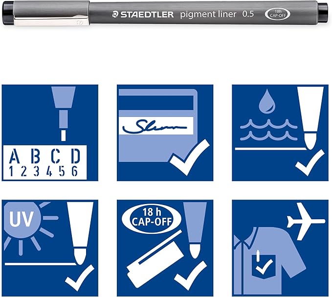 STAEDTLER Pigment Liner, Fineliner Pen for Drawing, Drafting, Journaling, 1.0mm, Black, Box of 5 Pens, 308 10-9