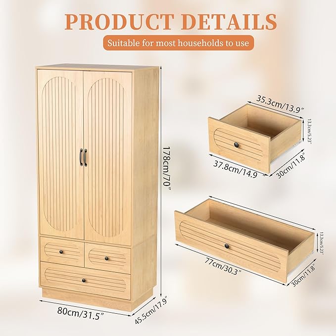 Wood Armoire Wardrobe Closet with Doors, Fluted Wardrobe Cabinet with 3 Drawers, Large Armoire Closet, Tall Clothing Storage Cabinet with Hanging Rod and Shelves, for Bedroom, Laundry, Natural