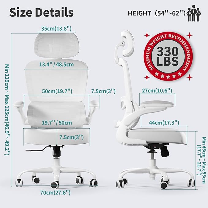 TRALT Office Chair Ergonomic Desk Chair, 330 LBS Home Mesh Office Desk Chairs with Wheels, Comfortable Gaming Chair, High Back Office Chair for Long Hours (White)