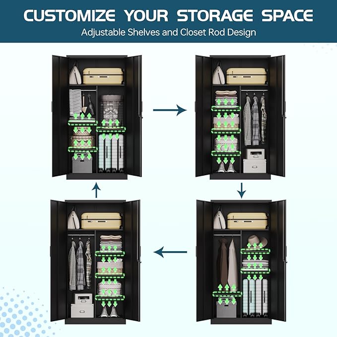 MIIIKO Steel Cabinet Wardrobe, Metal Locker Cabinet with Hanging Rod, Metal Clothing Locker Storage for Home, Office, Garage and Changing Room