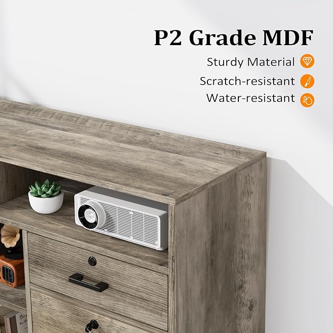 VINGLI Wide 4 Drawer File Cabinet with Lock, Rustic Grey Rolling File Cabinet with Open Shelves, Lockable Printer Stand, Letter Sized