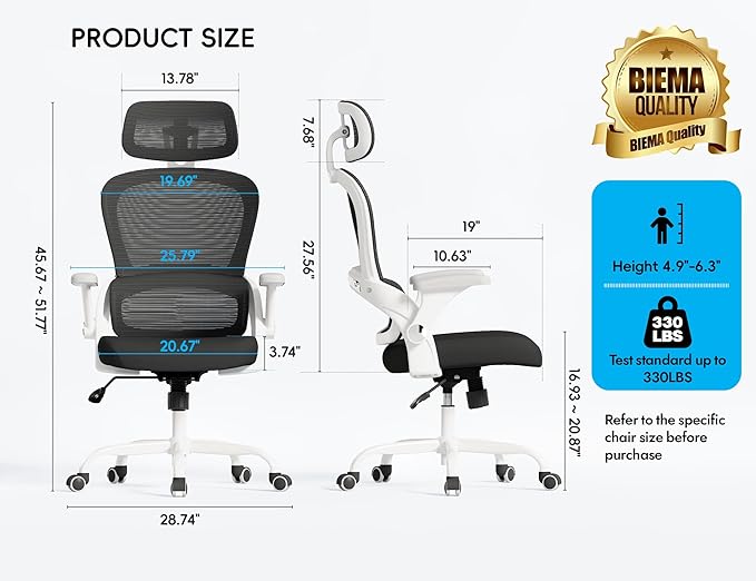 TRALT Office Chair - Ergonomic Office Chair with Back Support, Computer Chair - Home Office Desk Chairs, 330lbs Wide Seat Big and Tall Office Chairs with Headrest, Comfy Desk Chairs (White Black)