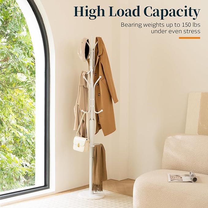 Yoobure Metal Coat Rack Freestanding with Marble Base, Coat Tree with 12 Hooks & Umbrella Holder, Coat Hanger Stand for Corner Entryway Bedroom Office, Heavy Duty Coat Rack Stand for Clothes Hats Bags