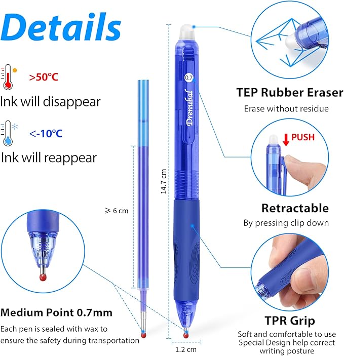 8-Pack Erasable Ink Pens with Built-in Eraser | 0.7mm Fine Point Gel Pens for Smooth Writing - Gel Pens for School, Office, Journals & Exams,Blue pens,Blue Ink pens