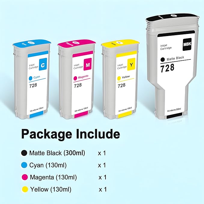 728 Ink Cartridge Set (Matte Black 300ml, Cyan, Magenta, Yellow 130ml) HP 728 Compatible with DesignJet T730 T830 MPF Large Format Plotter Printers F9J68A F9J67A F9J66A F9J65A