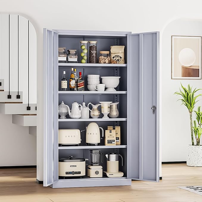 INTERGREAT Tall Metal Storage Cabinet Locking Steel with 4 Adjustable Shelves,72" Lockable Cabinets Lock 2 Doors for Office Garage Supply Home (Cement Gray)