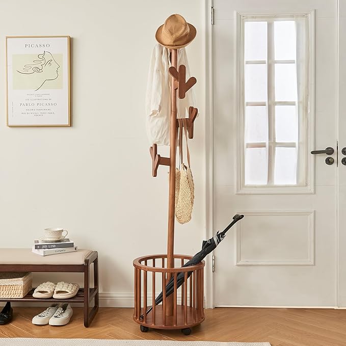 Uniclinens Solid Wood Coat Rack Freestanding with Umbrella Holder, Tree Coat Rack Stand with Lockable Universal Casters & 12 Hooks for Entryway Bedroom, Walnut