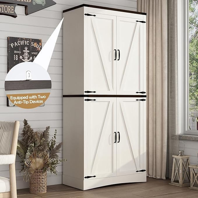 71in Farmhouse Kitchen Pantry Cabinet,Tall Storage Cabinet with 4 Doors and Adjustable shelves,with Load-Bearing Steel Pipe,Wood Storage Cabinets for Kitchen,Dining Room,Bathroom(White)