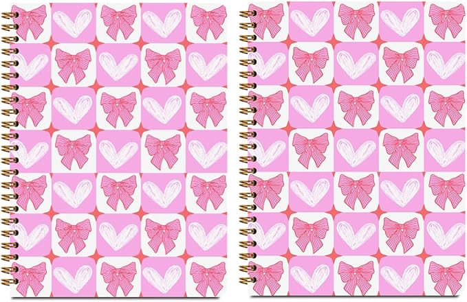 2Pcs Spiral Notebook, Pink Bow Heart College Ruled Spiral Notebook, 160 Pages Hardcover Notebooks Journals for Writing Travel Business Office, Cute Pink Aesthetic Notebooks for Women