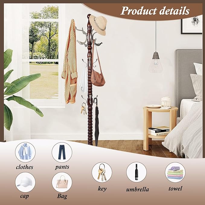 Wooden Coat Rack Freestanding, Vintage Coat Racks with Sturdy Round Base, Adjustable Height 37.40"-72.83" Entrance Coat Rack for Bedroom Living Room Entryway (Nostalgic)