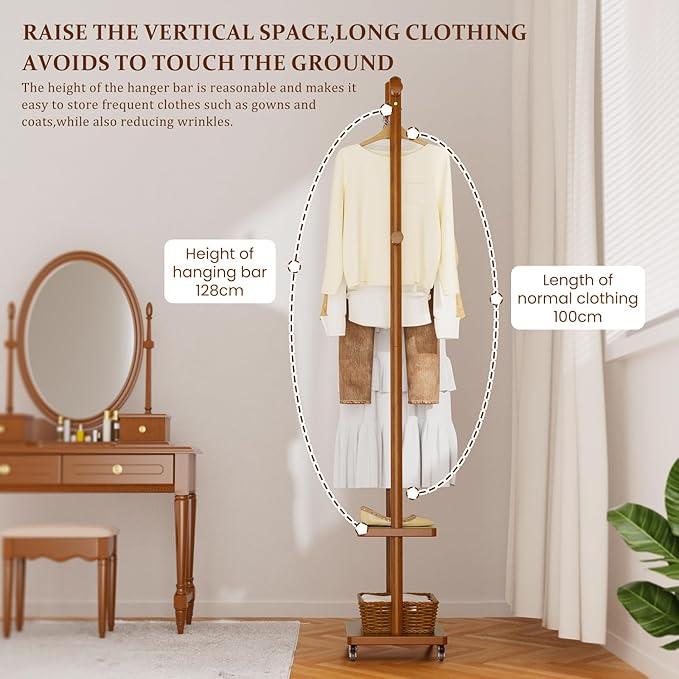Coat Rack Freestanding Clothing Rack with Wheels & 2 Shelves Storage & 5 Hooks Heavy Duty Clothes Rack Wood Coat Tree Stand Hat Hanger Rack for Corner Bedroom Entryway Living Room Hotel