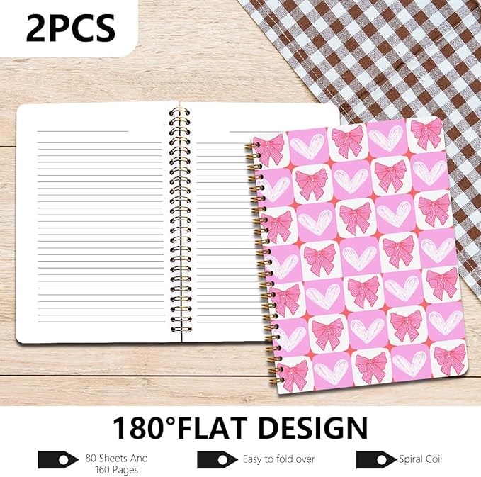 2Pcs Spiral Notebook, Pink Bow Heart College Ruled Spiral Notebook, 160 Pages Hardcover Notebooks Journals for Writing Travel Business Office, Cute Pink Aesthetic Notebooks for Women