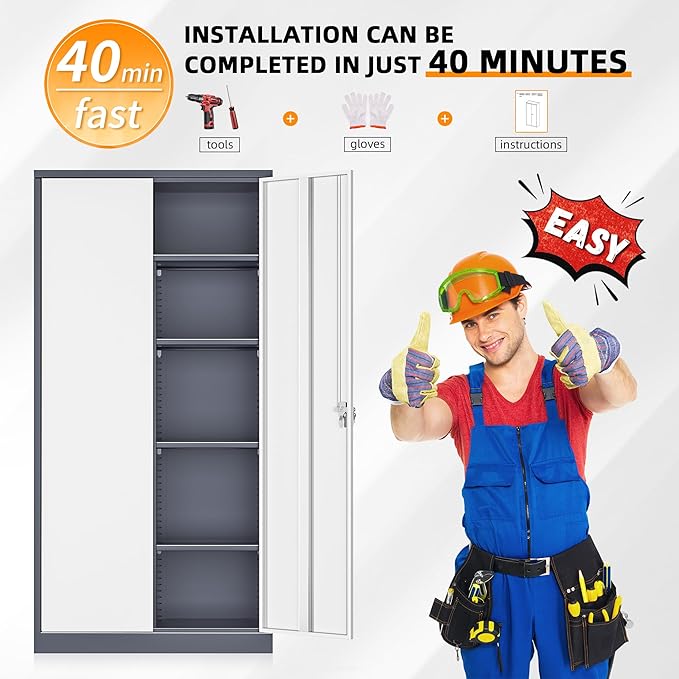 INTERGREAT Metal Storage Cabinet,72 Tall Armoire Wardrobe Closet with Doors,Grey White Storage Locker Cabinets with Adjustable Shelves and Removable Hanging Rods