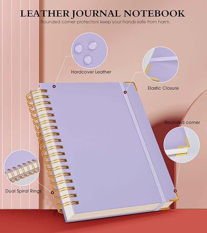 Spiral Notebook Journal 5.75” x 8.38”, 300 Pages Hardcover Leather Lined Journals for Women Men, A5 Small College Ruled Notebooks with 100 GSM Thick Paper, Spiral Journal for Writing Work, Purple