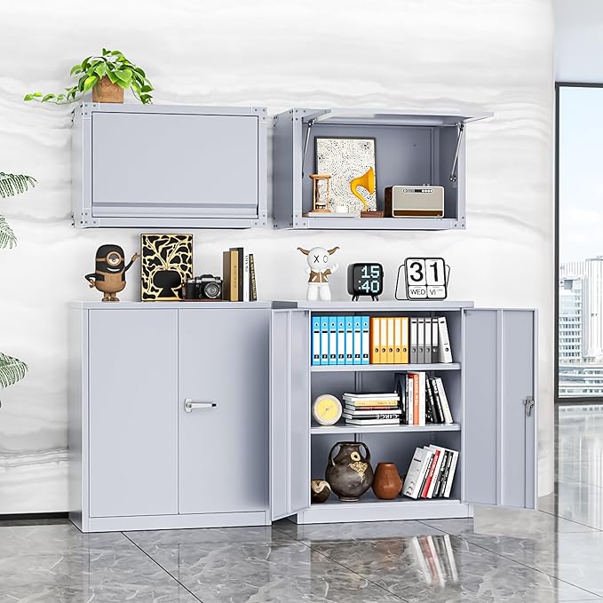INTERGREAT Metal Cabinet with Lock, Lockable Metal Storage Cabinets with Doors and Shelves for Garage, Cement Grey Locking Garage Storage Cabinets 36"×32"×16"