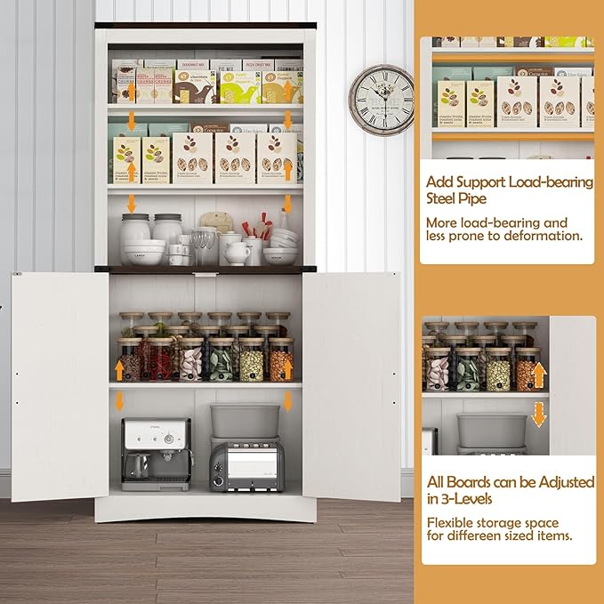71in Farmhouse Kitchen Pantry Cabinet,Tall Storage Cabinet with 2 Doors and Adjustable shelves,with Load-Bearing Steel Pipe,Wood Storage Cabinets for Kitchen,Dining Room,Bathroom(White)