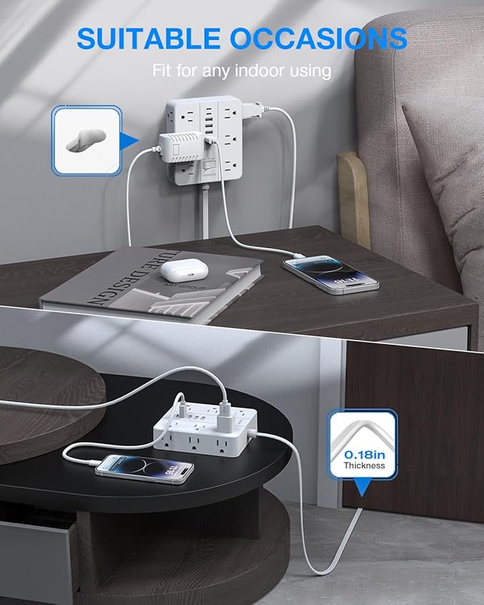 Flat Plug Power Strip Surge Protector, Flat Extension Cord Indoor 20 Feet, HUNIAN 12 Widely Spaced Outlets with 6 USB (2 USB C Ports), Desk Charging Station for Home Office Supplies, White