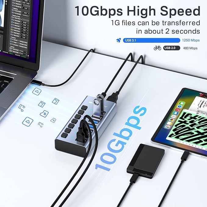 Powered USB 3.1 Hub, ACASIS 7 Ports USB 3.1 Hub with 10Gbps Data Speed,Aluminum Housing, USB Hub Powered with 24W Power Adapter, USB Hub for PC/Laptop, Computer, Flash Drive, Printer, Camera