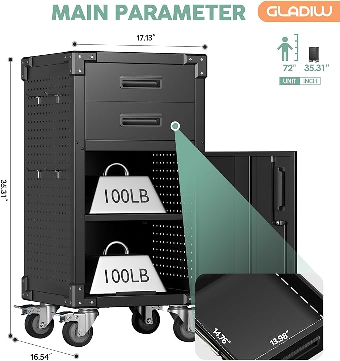 Garage Storage Cabinet, Metal Storage Cabinet with 1 Locking Door and 2 Drawers, Heavy Duty Rolling Workbench Table with Wheels and Pegboards for Garage, Office and Tool Room