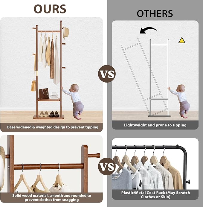 Solid Wood Coat Rack, Coat Rack Freestanding with 2 Shelves and 5 Hooks, Heavy Duty Coat Tree for Entryway,Living room,Coat Hanger Stand for Hats, Bags (Walnut Brown)