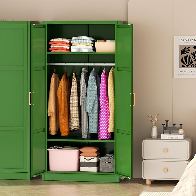 Greenvelly Metal Wardrobe Cabinet with Wooden Handle, 72" Metal Wardrobe Closet with Hanging Rods and Adjustable Shelves, Clothing Storage Closet Cabinet for Home, Office, Employee, Gym (Green)