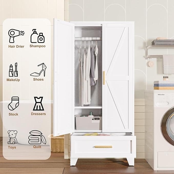 Metal Wardrobe Cabinet,71 Armoire Wardrobe Closet with Drawers and Hanging Rod,Metal Armoire with Adjustable Shelves for Closet,Bedroom,Farmhouse Storage Cabinet with Drawer(White)