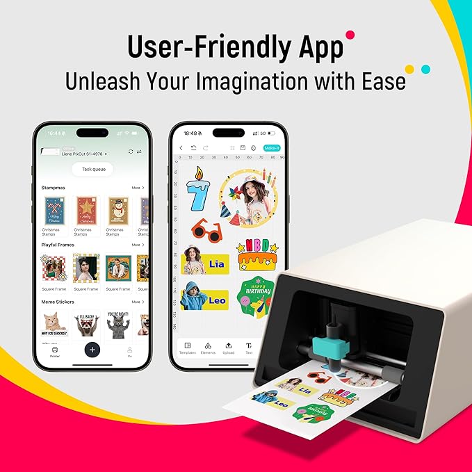 Liene PixCut S1 Photo Sticker Printer Creator Plus Pack - All-in-One Sticker Maker Machine for DIY Crafts, Custom Labels & Gifts, Thermal Dye-Sublimation, 300 DPI Prints, Precise AI Auto-Cutting