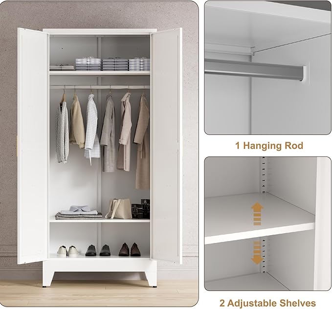 71'' Farmhouse Metal Wardrobe Cabinet with Hanging Rod, 2 Barn Door Wardrobe Closet with 2 Adjustable Shelves,for Dining Room,Bedroom,Living Room, Cloak Room,Office (White)