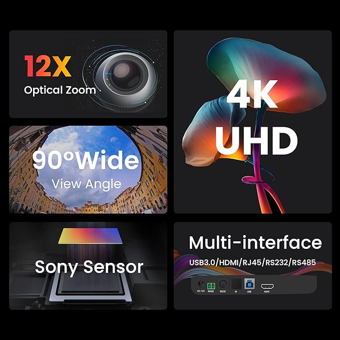 PTZ Camera 4K Conference Room Camera USB3.0/HDMI Live Streaming 12X Optical Zoom Wide Angle for Video Conferencing Church Services Education Medical Work with Zoom Webex OBS YouTube Facebook