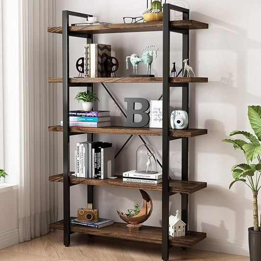 5-Tier Industrial Style Solid Wood Bookcase and Book Shelves,Rustic Wood and Metal Shelving Unit, Living Room,Modern Rustic Open Industrial Book Shelf Office,Distressed Brown (AY-02-5Tier)