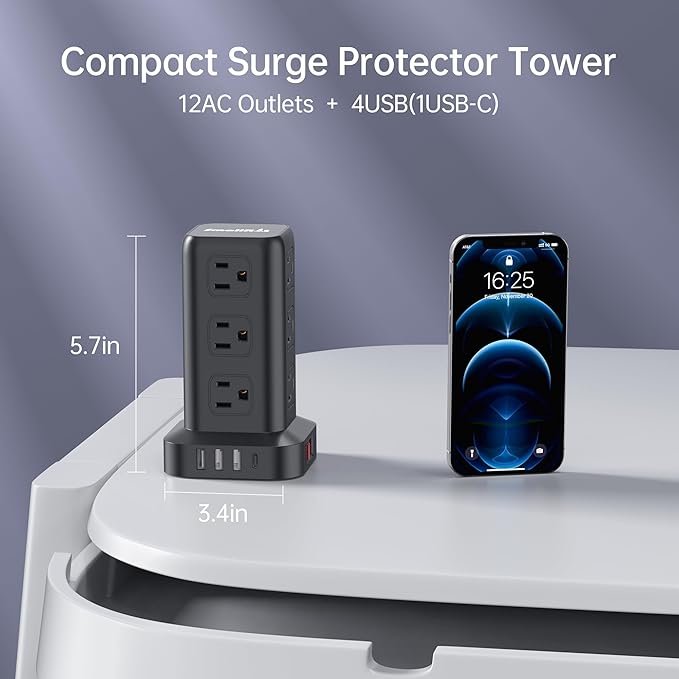 Surge Protector Power Strip Tower,10FT Extension Cord with Multiple Outlets, 12 AC 4 USB (1 USB C),Mini Power Strip with USB Ports, Surge Protector Tower Overload Protection for Office, Desk