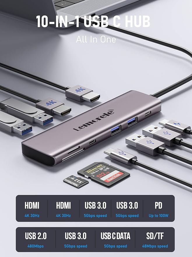 Lemorele Aluminum 10-in-1 USB C Docking Station Dual Monitor w/2 HDMI 4K, 4 USB3.0/USB2.0, 100W PD, USB-C Data, SD/TF, Type-C Hub Adapter for Dell XPS 13/15, for MacBook, Dell, HP, Lenovo Yoga,etc
