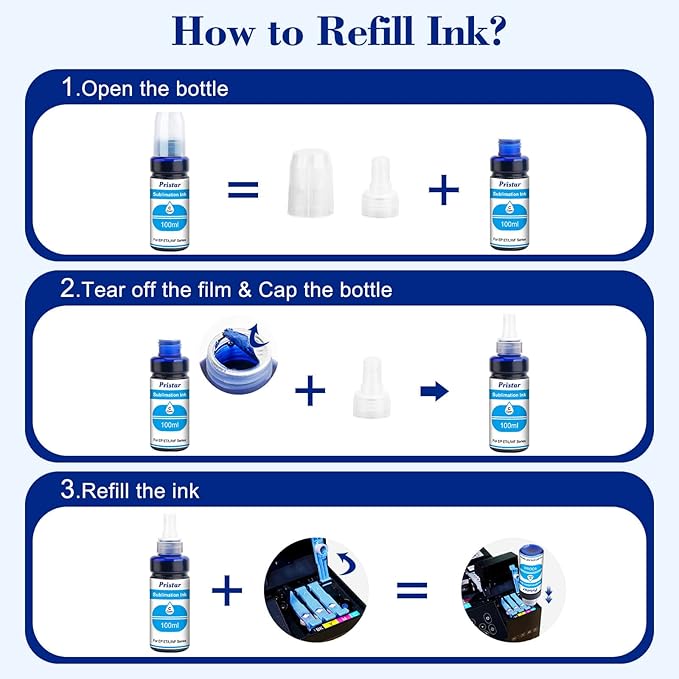 Pristar Sublimation Ink for EPS Ecotank ET 2803 ET-2800 ET-4800 ET-2850 2840 ET-2710 ET 2720 ET 2760 ET-15000 ET-3760 ET-2400 ET-2750 5170 400 ml Supertank Printer Autofill Ink for Sublimation Transfe