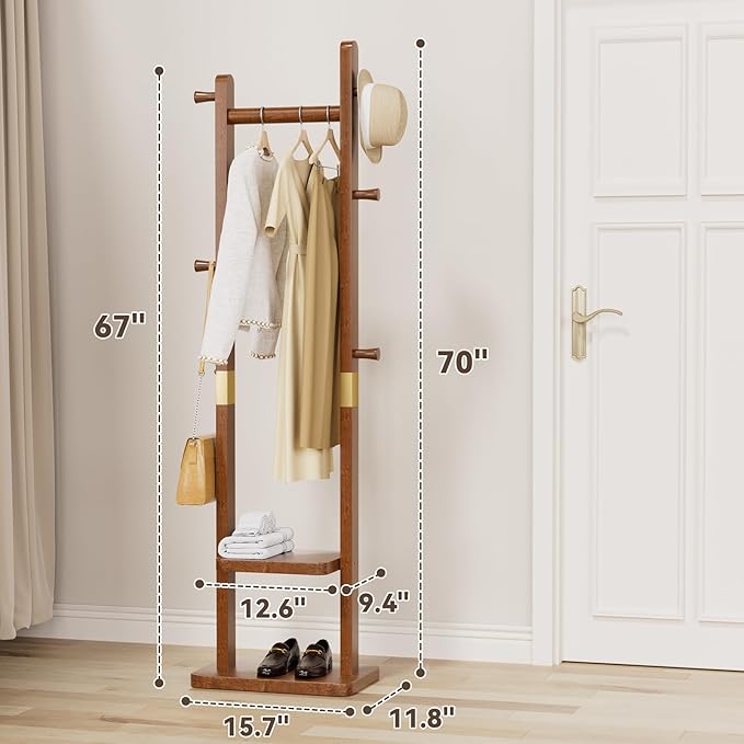 Solid Wood Coat Rack, Coat Rack Freestanding with 2 Shelves and 5 Hooks, Heavy Duty Coat Tree for Entryway,Living room,Coat Hanger Stand for Hats, Bags (Walnut Brown)