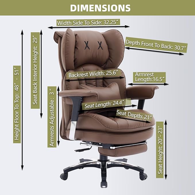 Efomao Big and Tall Office Chair with Footrest – High Back Computer Chair with Adjustable Armrests,Executive Office Chair with Wide Seat, Modern Desk Chair for Home Office, Gaming, or Study, Brown