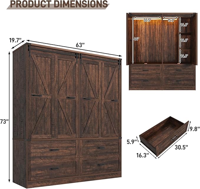 Farmhouse 4 Doors Armoire Wardrobe Closet w/Folding Sliding Barn Door and Lights, LED Armoire Closet w/Drawers for Bedroom, Freestanding Wooden Wardrobe Storage Closets w/Hanging Rod,Rustic Brown