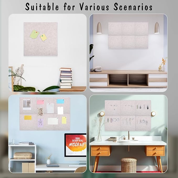 Large Cork Board 36" x 24", 6 Pack Felt Wall Tiles with Colored Pushpins, Bulletin Board with Removable Self-Adhesive Strips, Pin Board Cork Boards for Walls Office Home-Light Tan