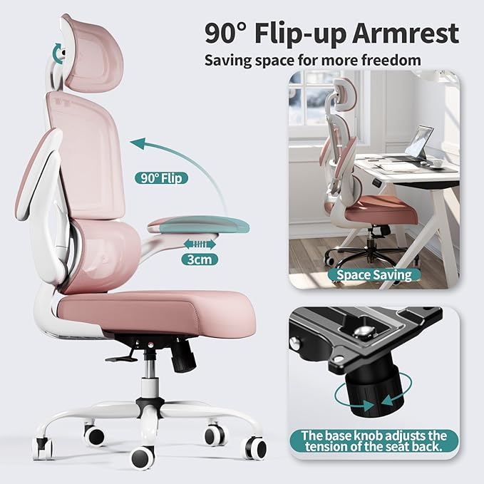 TRALT Office Chair Ergonomic Desk Chair, 330 LBS Home Mesh Office Desk Chairs with Wheels, Comfortable Gaming Chair, High Back Office Chair for Long Hours (Pink)