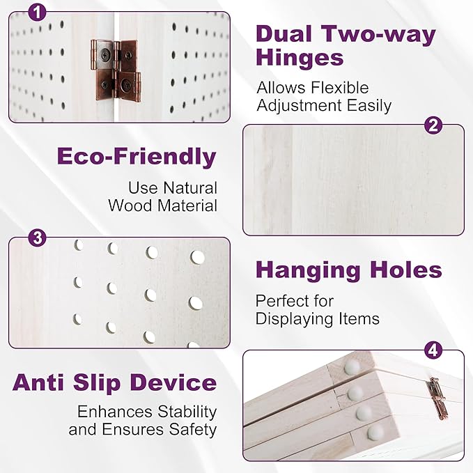 Room Divider, 5.6FT Folding Room Divider Panel, 4 Panel Pegboard Display Wood Partition Wall Divider for Room Separation& Craft Shows, White