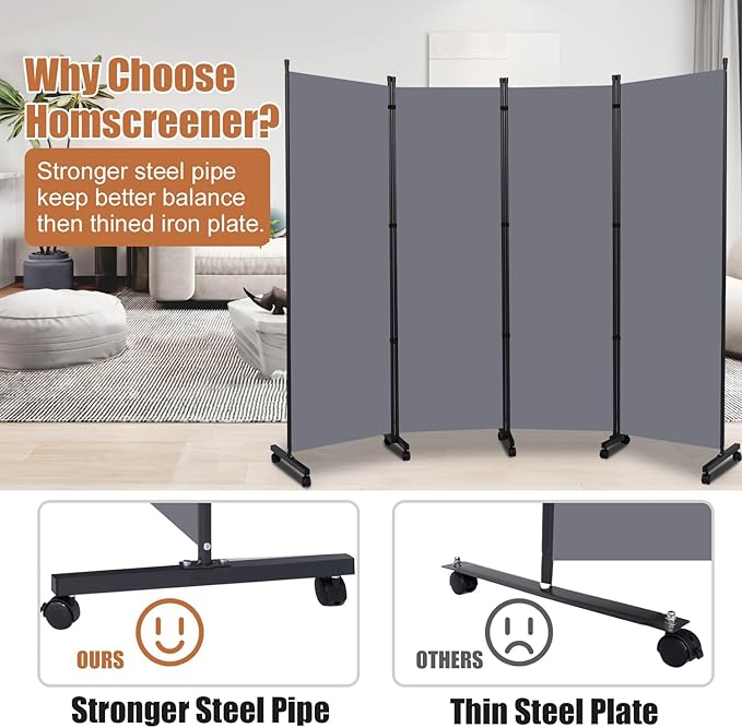 Room Divider Portable 88'' Partition Room Dividers and Folding Privacy Screens 4 Panel Wall Divider for Room Separation,Freestanding Fabric Room Divider Panel with Wheels for Home Office Hospital